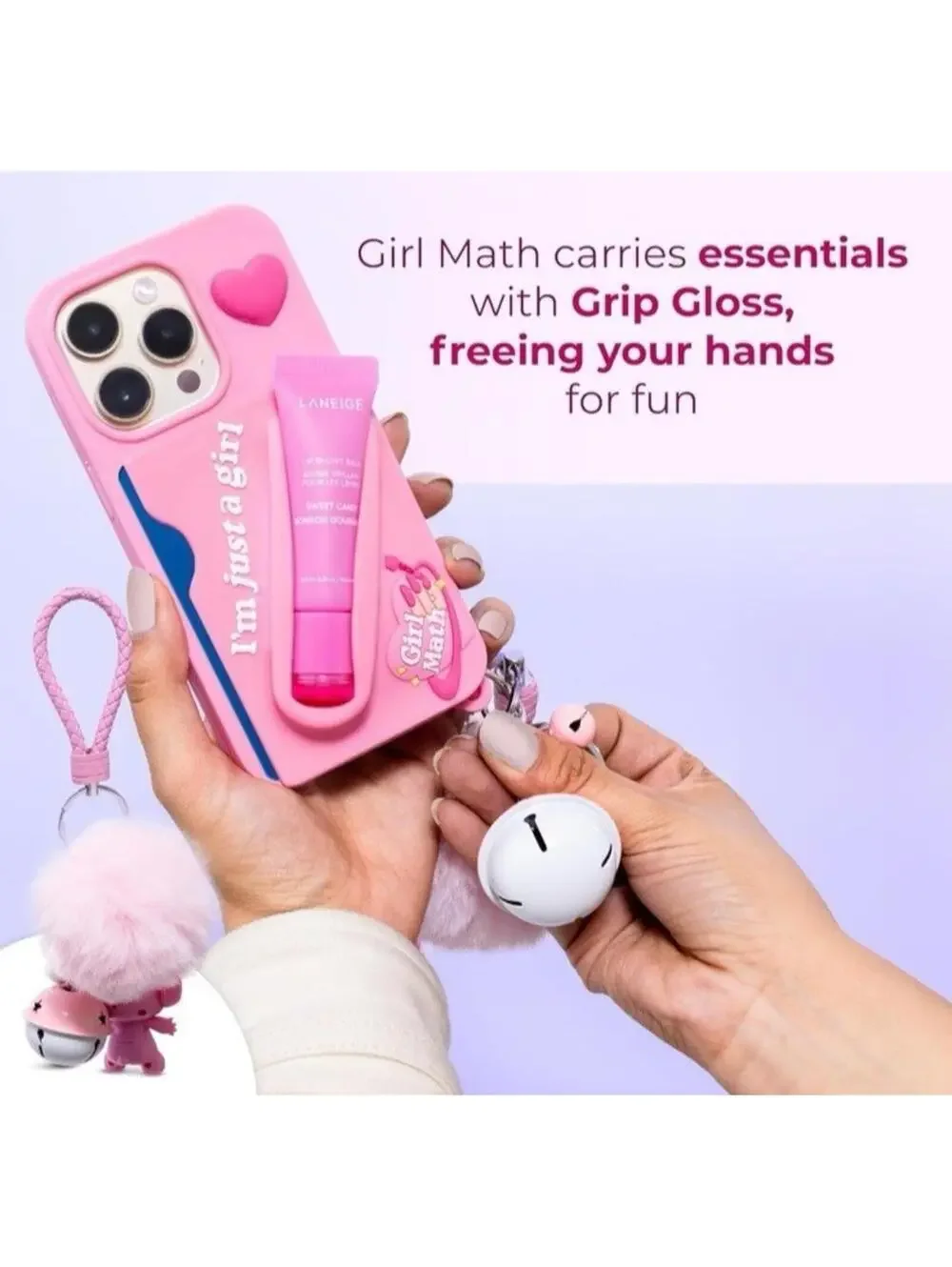 GIRL MATH Grip Gloss Phone Case iPhone 15 Pro Pink Silicone Lip Gloss Holder NEW